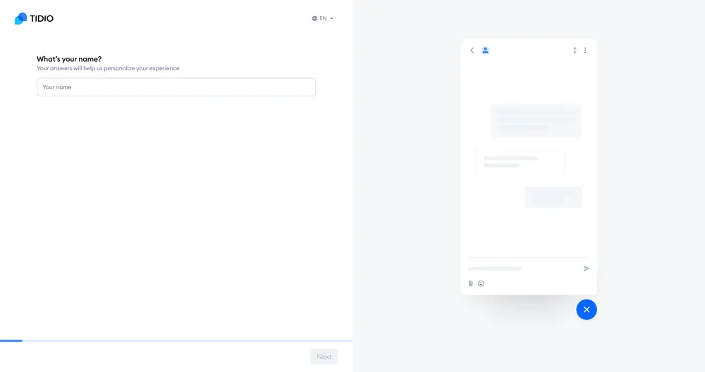 Tidio onboarding — 'What's your name?' step