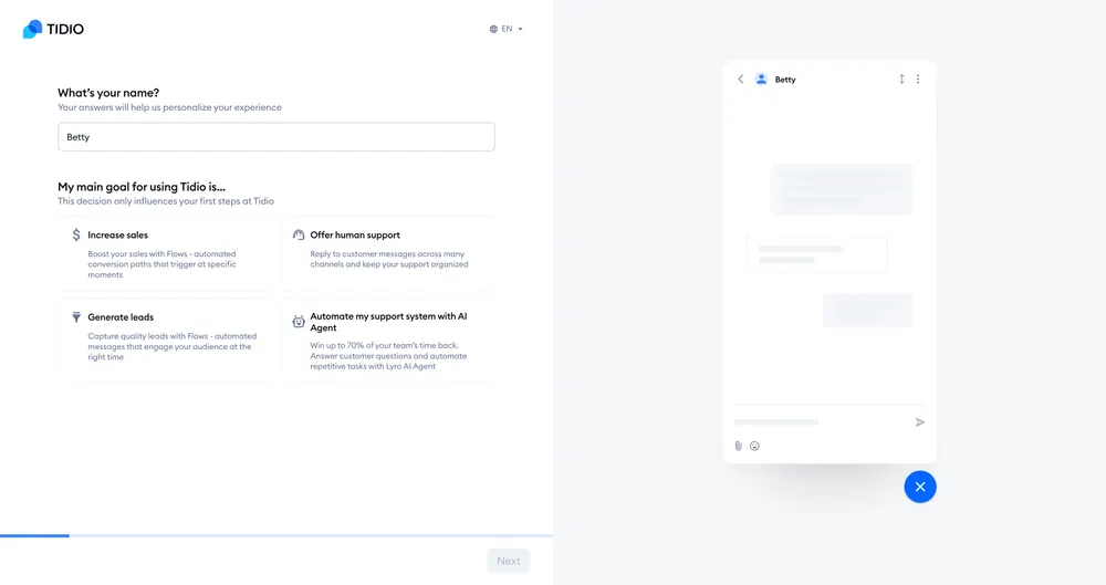 Tidio onboarding — choosing a main goal
