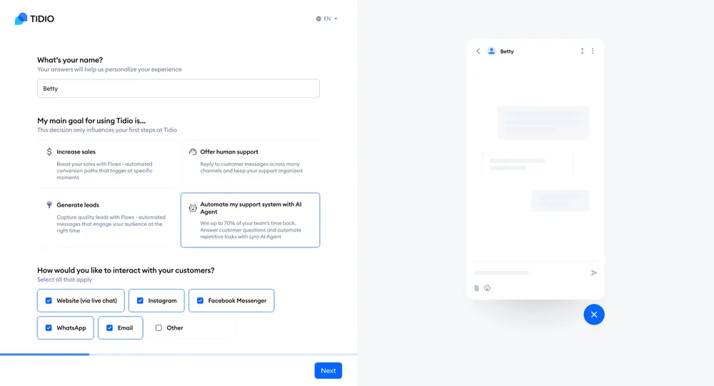 Tidio onboarding — selecting customer channels