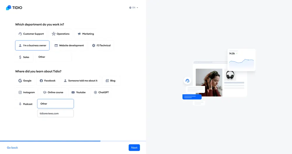 Tidio onboarding — department and referral source