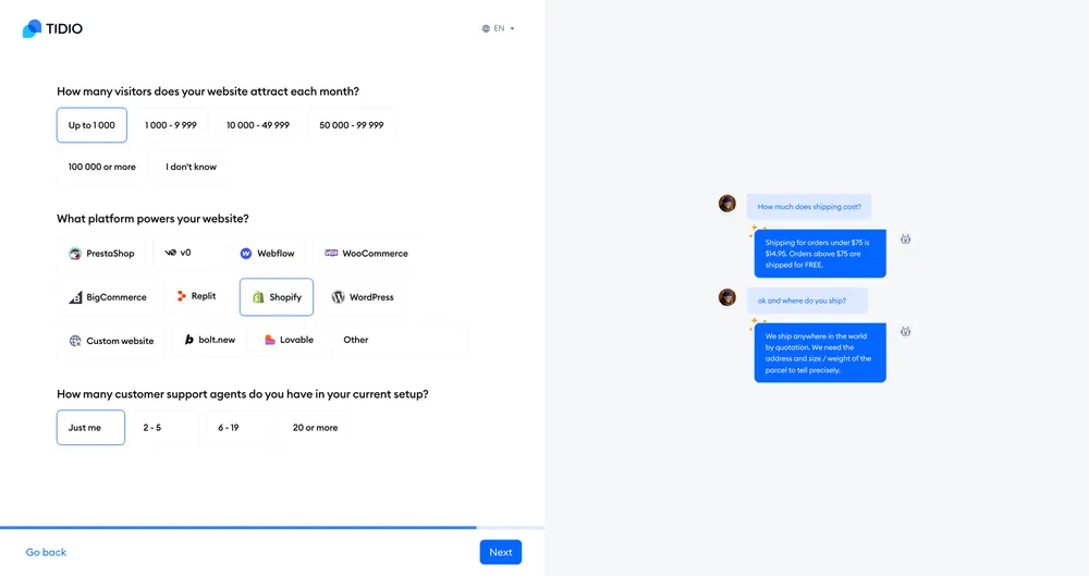 Tidio onboarding — website traffic, platform, and team size